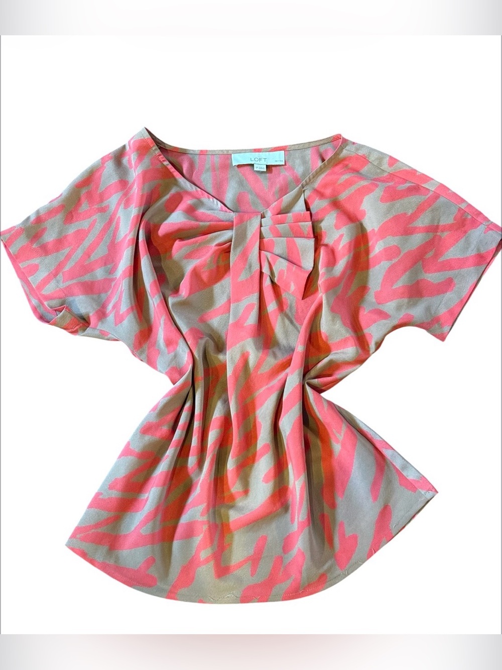 LOFT Ann Taylor Coral Pink and Beige Patterned Short Sleeve Blouse